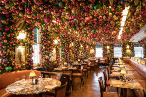 restaurant decorated with baubles