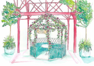 floral outdoor bird cage inside floral pergola