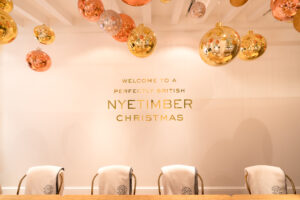 wine boutique decorated with oversized baubles