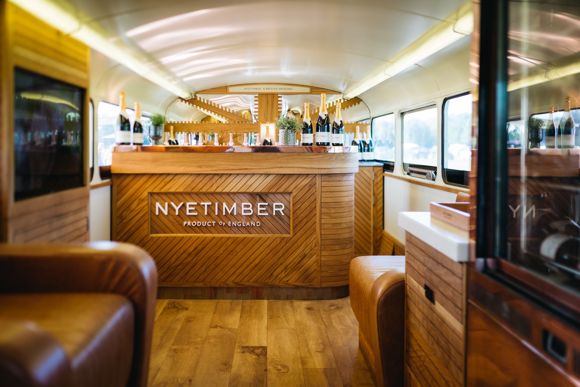 The Nyetimber Bus bar with wooden counter interiors handcrafted by The Bus Business