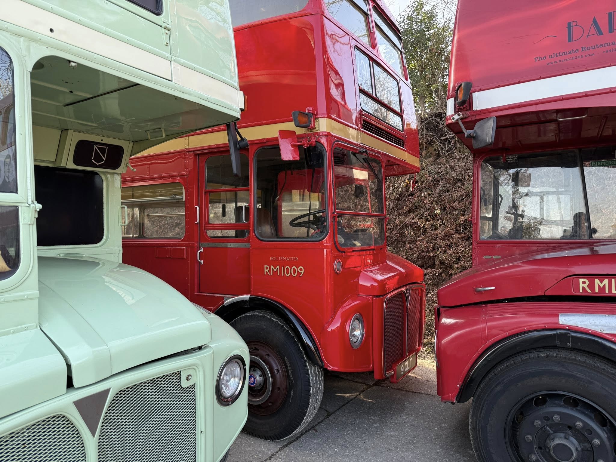 The Nyetimber Bus at its home in Tunbridge Wells parked next to other buses
