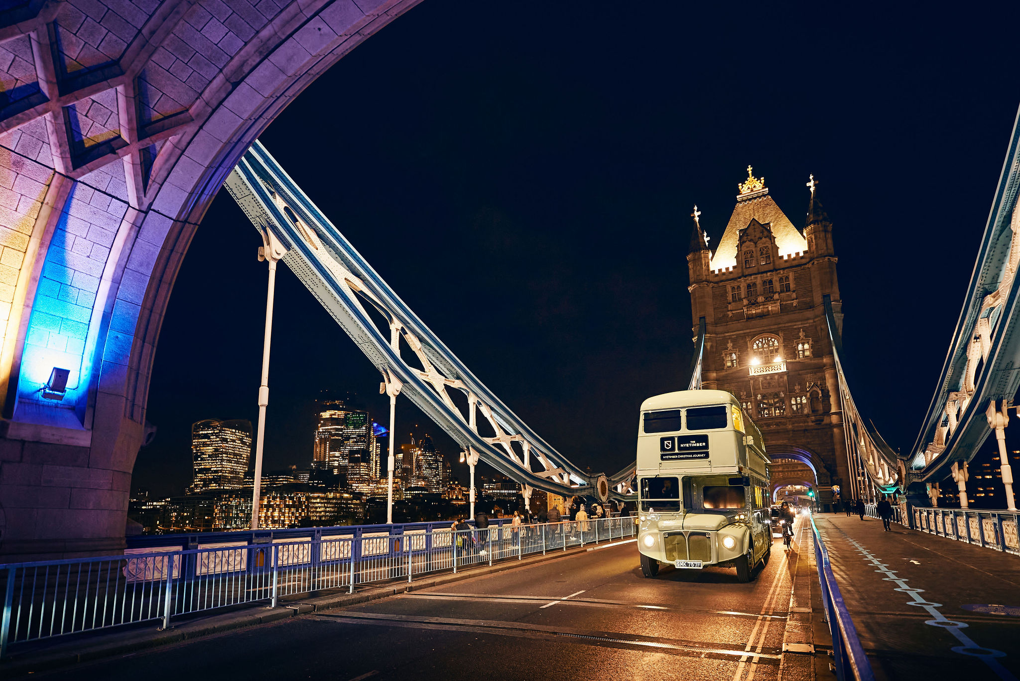 The Nyetimber Bus travelling across Tower Bridge in London